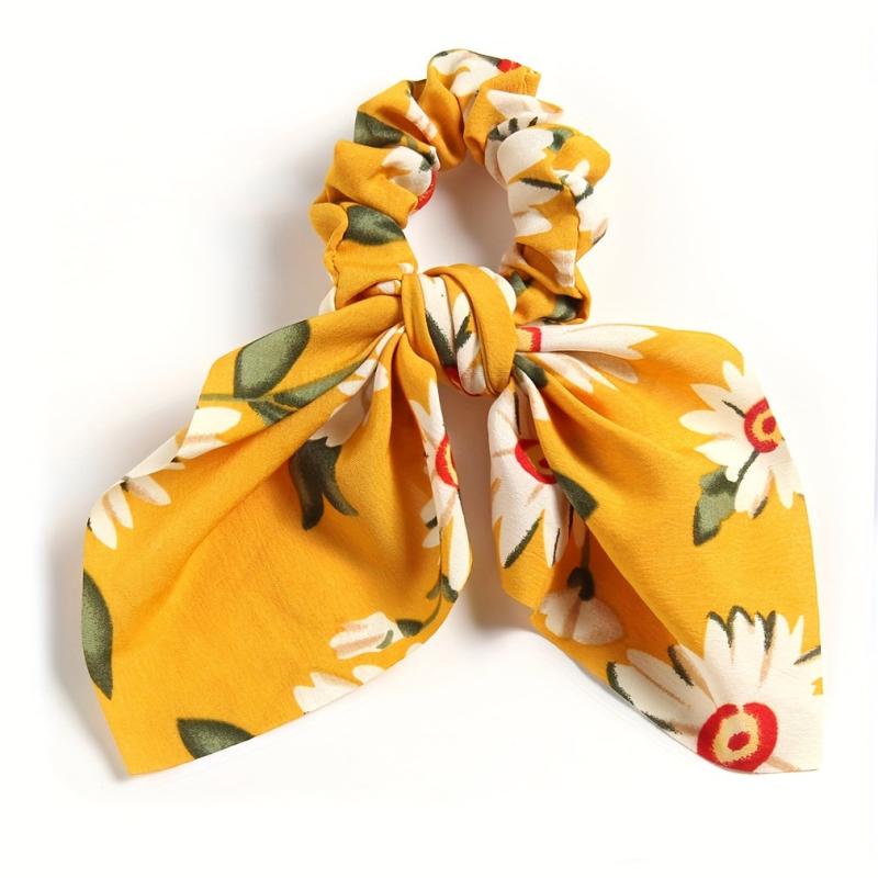 Daisy Print Bow Scrunchie Flower Charm Hair Tie Ponytail Holder