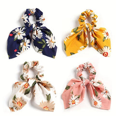 Daisy Print Bow Scrunchie Flower Charm Hair Tie Ponytail Holder