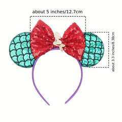 Sequin Mouse Ears Bow Headband Little Mermaid Plaid Bow