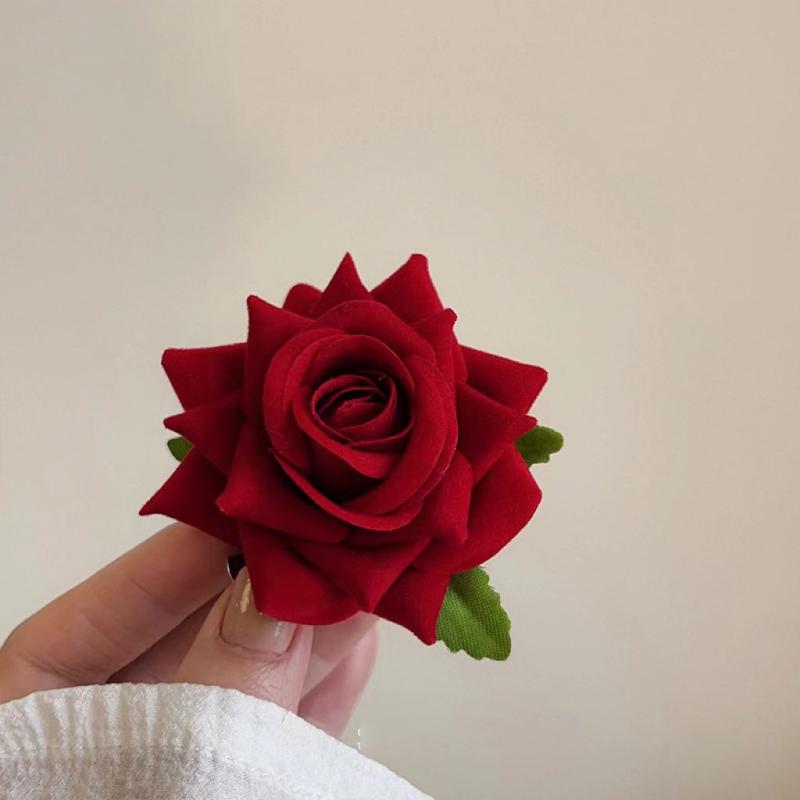 Red Rose Hair Clip Floral Barrettes Brooch
