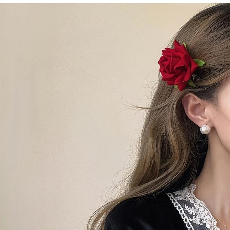 Red Rose Hair Clip Floral Barrettes Brooch