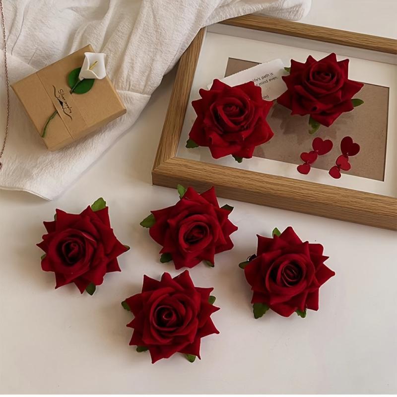 Red Rose Hair Clip Floral Barrettes Brooch