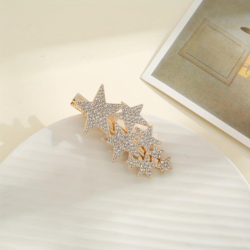 Rhinestone Pentagram Hair Clip Golden Barrette for Women Girls