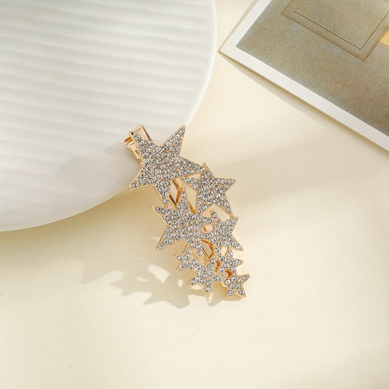 Rhinestone Pentagram Hair Clip Golden Barrette for Women Girls