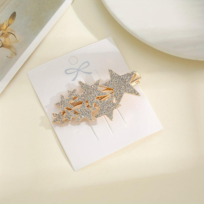 Rhinestone Pentagram Hair Clip Golden Barrette for Women Girls