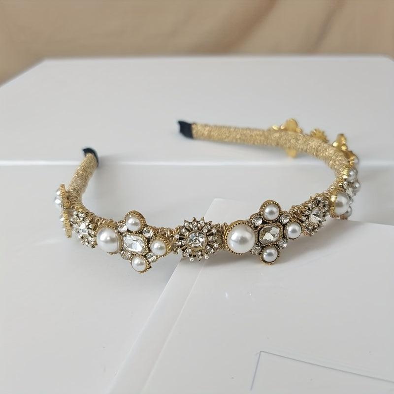 Baroque Rhinestone Headband Faux Pearl Hoop Glitter Hair Band