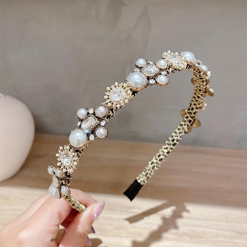 Baroque Rhinestone Headband Faux Pearl Hoop Glitter Hair Band