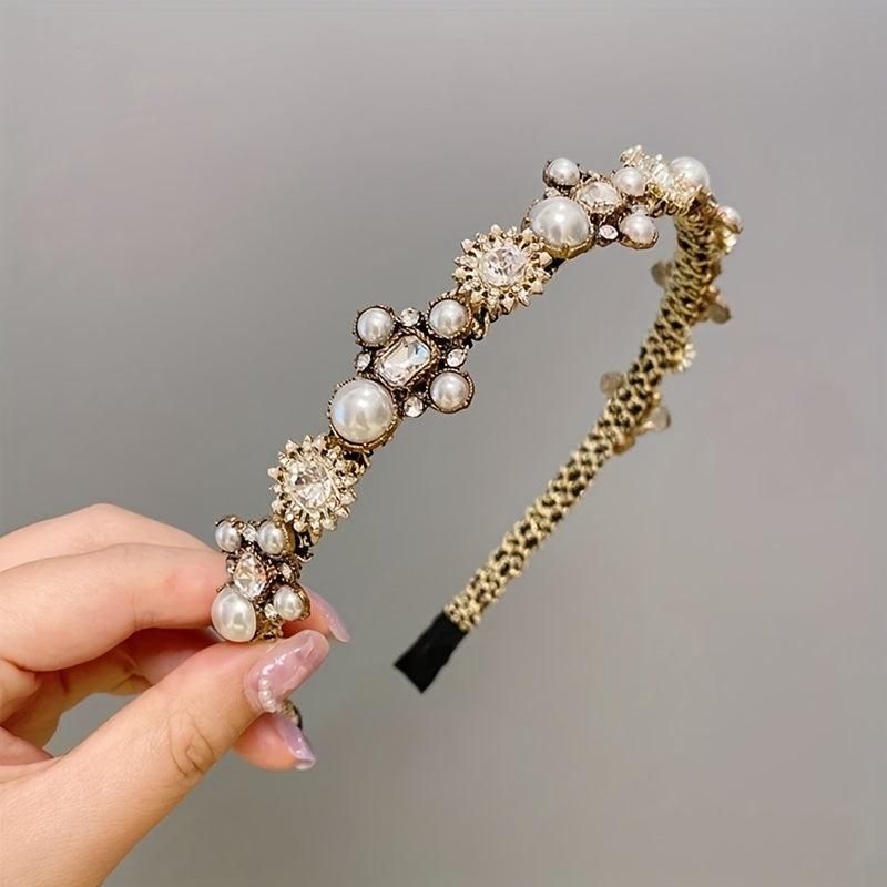 Baroque Rhinestone Headband Faux Pearl Hoop Glitter Hair Band