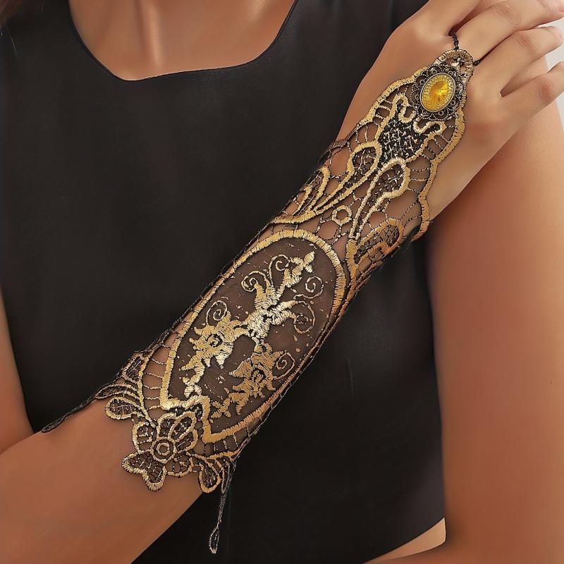 Golden Rhinestone Gothic Steampunk Lace Cuff Fingerless Glove