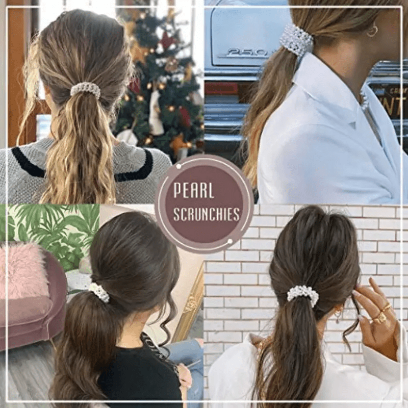 4pcs Faux Pearl Beaded Hair Tie Hair Rope Rhinestone Hair Ring