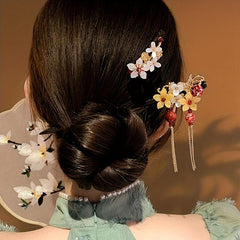 Vintage Flower Hairpin Tassel Faux Pearl Rhinestone Hair Stick