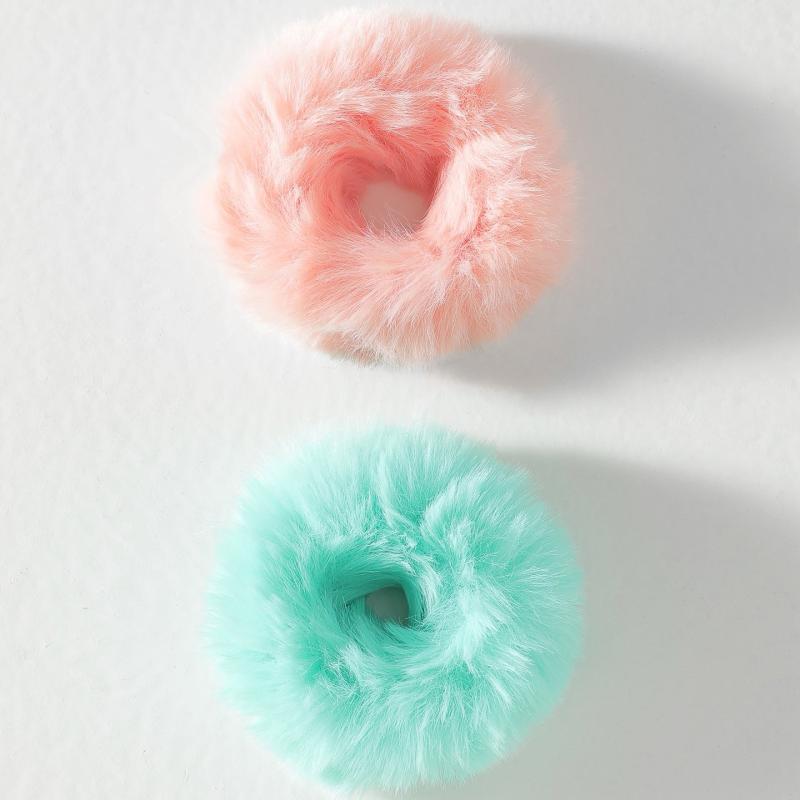 2pcs Pom Pom Hair Tie Fuzzy Scrunchies Faux Rabbit Fur Elastic Hair Bobbles