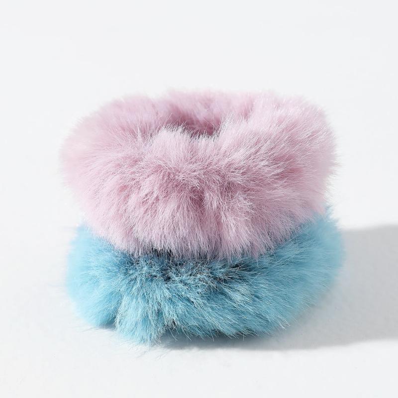 2pcs Pom Pom Hair Tie Fuzzy Scrunchies Faux Rabbit Fur Elastic Hair Bobbles