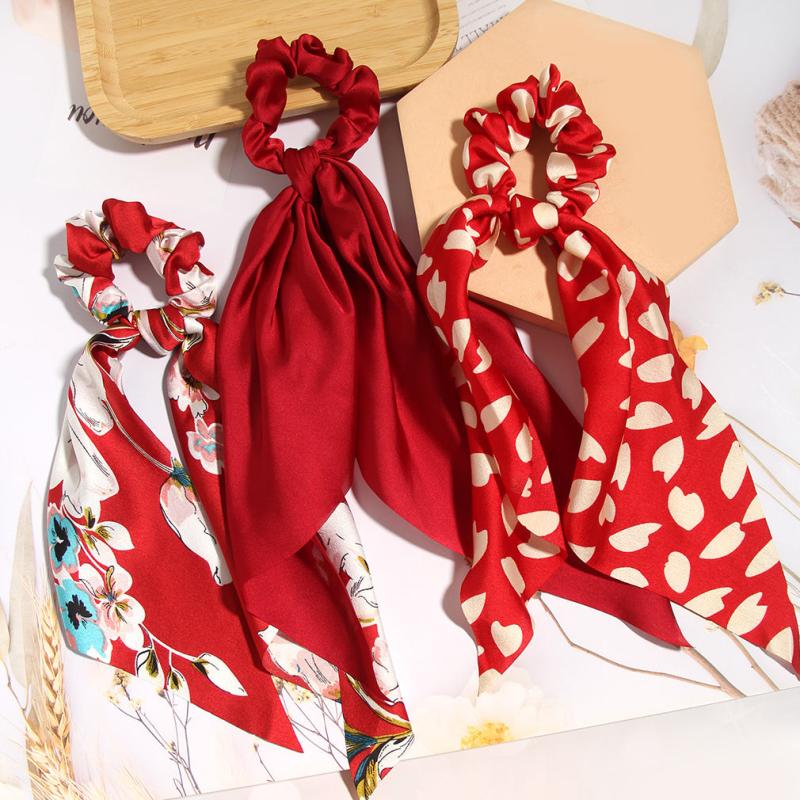 3pcs Red Floral Heart Hair Scrunchies Chiffon Elastic Hair Scarf Scrunchies