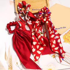 3pcs Red Floral Heart Hair Scrunchies Chiffon Elastic Hair Scarf Scrunchies