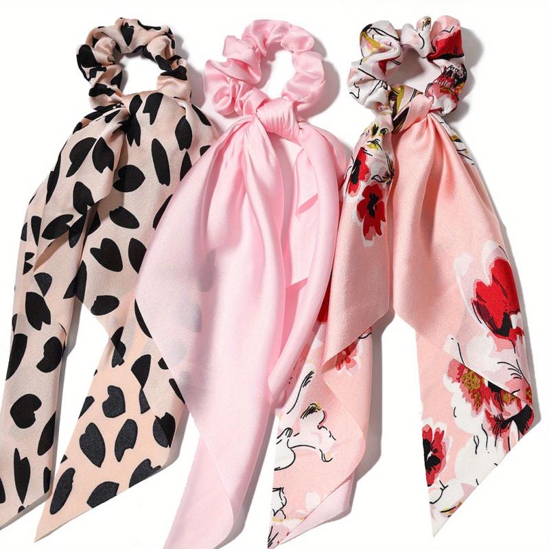 3pcs Red Floral Heart Hair Scrunchies Chiffon Elastic Hair Scarf Scrunchies