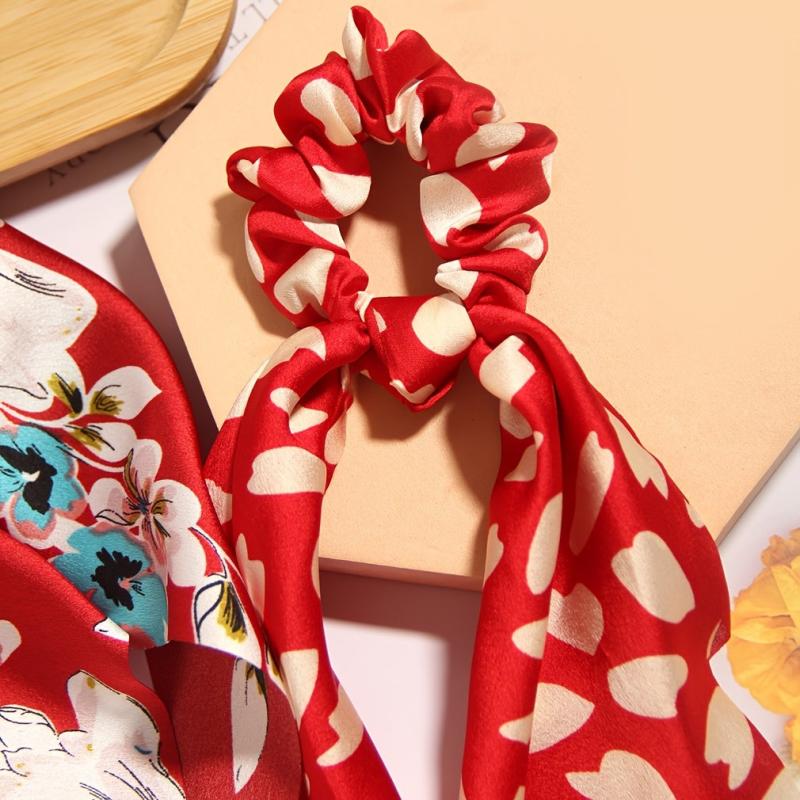 3pcs Red Floral Heart Hair Scrunchies Chiffon Elastic Hair Scarf Scrunchies