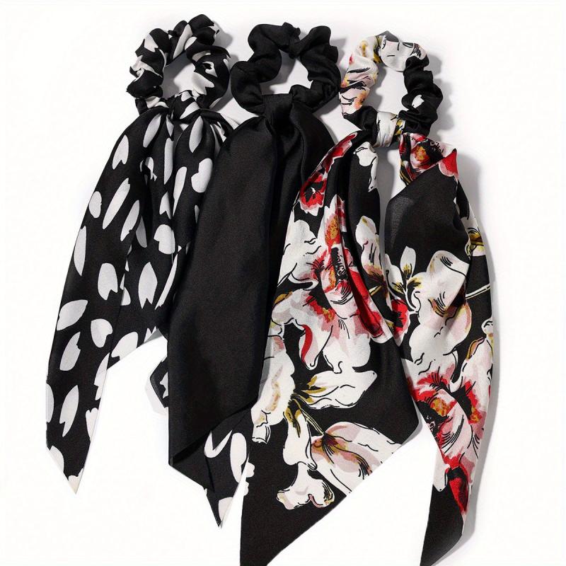 3pcs Red Floral Heart Hair Scrunchies Chiffon Elastic Hair Scarf Scrunchies
