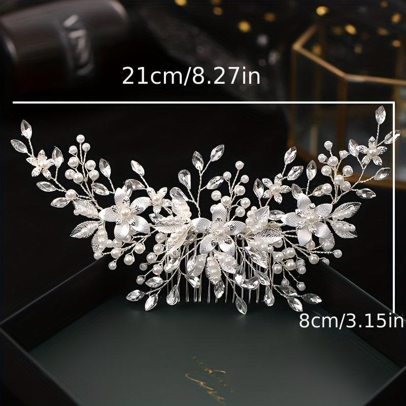 Crystal Silver Pearl Bridal Comb Floral Wedding Rhinestone Pearl Comb