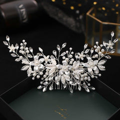 Crystal Silver Pearl Bridal Comb Floral Wedding Rhinestone Pearl Comb