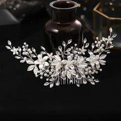 Crystal Silver Pearl Bridal Comb Floral Wedding Rhinestone Pearl Comb