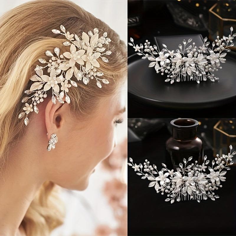 Crystal Silver Pearl Bridal Comb Floral Wedding Rhinestone Pearl Comb