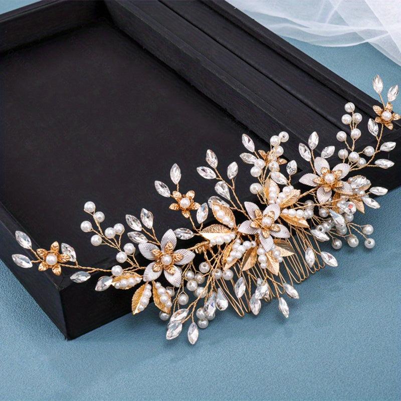 Crystal Silver Pearl Bridal Comb Floral Wedding Rhinestone Pearl Comb