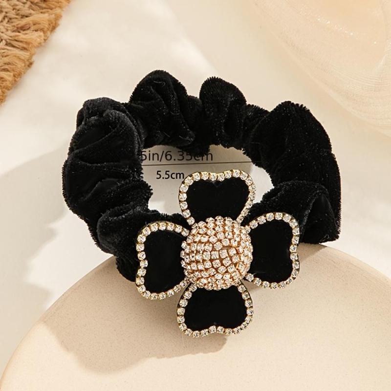 Rhinestone Flower Velvet Scrunchie Hair Tie Party Prom Accessory