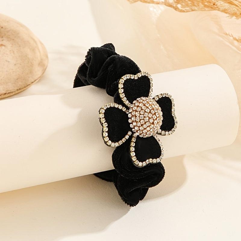 Rhinestone Flower Velvet Scrunchie Hair Tie Party Prom Accessory