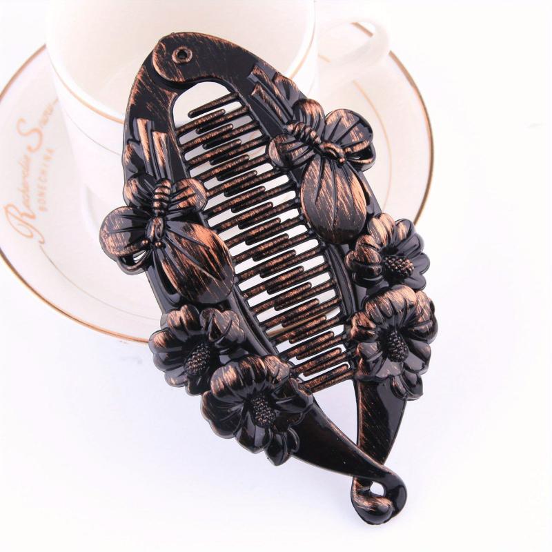 Vintage Resin Banana Clip with Flower Butterfly Pattern