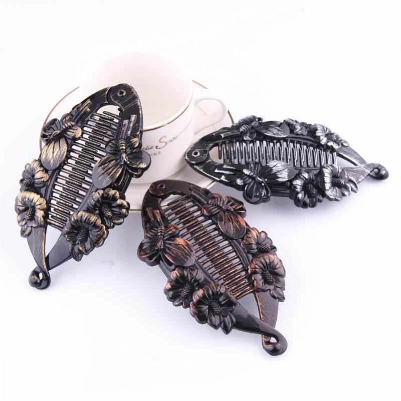 Vintage Resin Banana Clip with Flower Butterfly Pattern