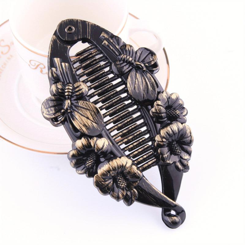 Vintage Resin Banana Clip with Flower Butterfly Pattern