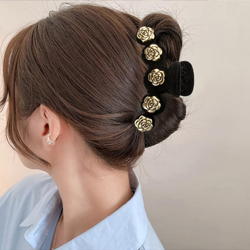 Velvet Flower Rose Hair Claw Clip, Pearl Accent, Winter Styling