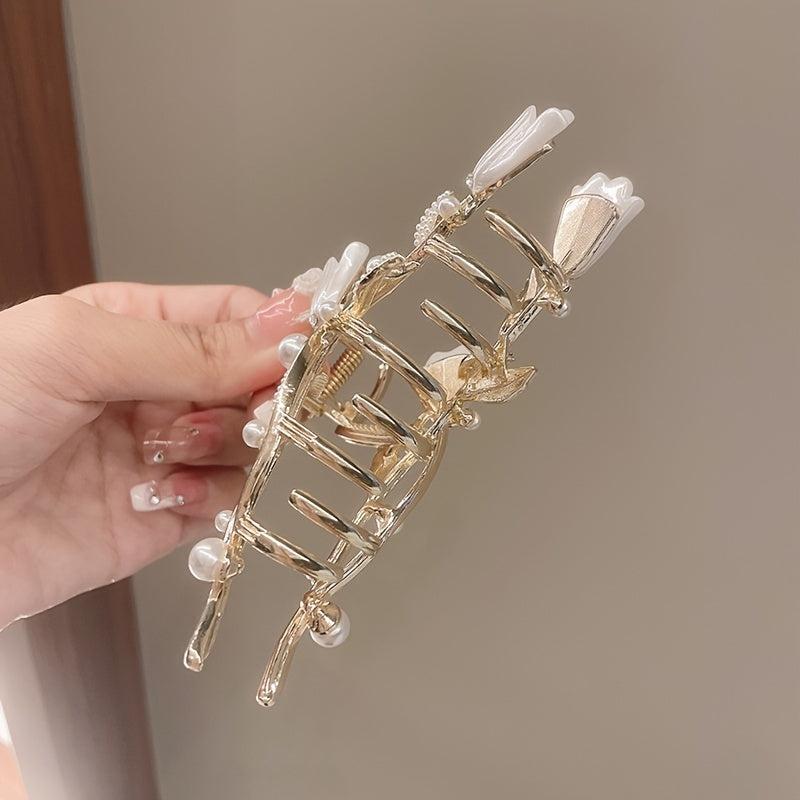 Tulip Ginkgo Faux Pearl Metal Hair Claw Clip Flower Hair Jaw Clips