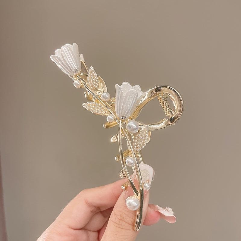 Tulip Ginkgo Faux Pearl Metal Hair Claw Clip Flower Hair Jaw Clips