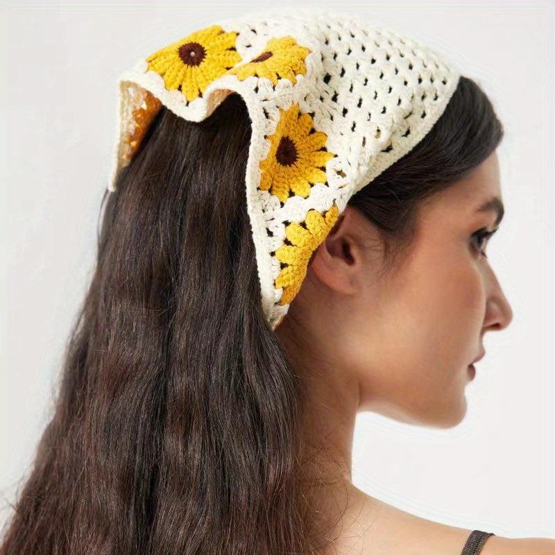 Boho Crochet Bandana Flower Pattern Headband Scarf Hair Wrap
