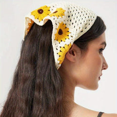 Boho Crochet Bandana Flower Pattern Headband Scarf Hair Wrap