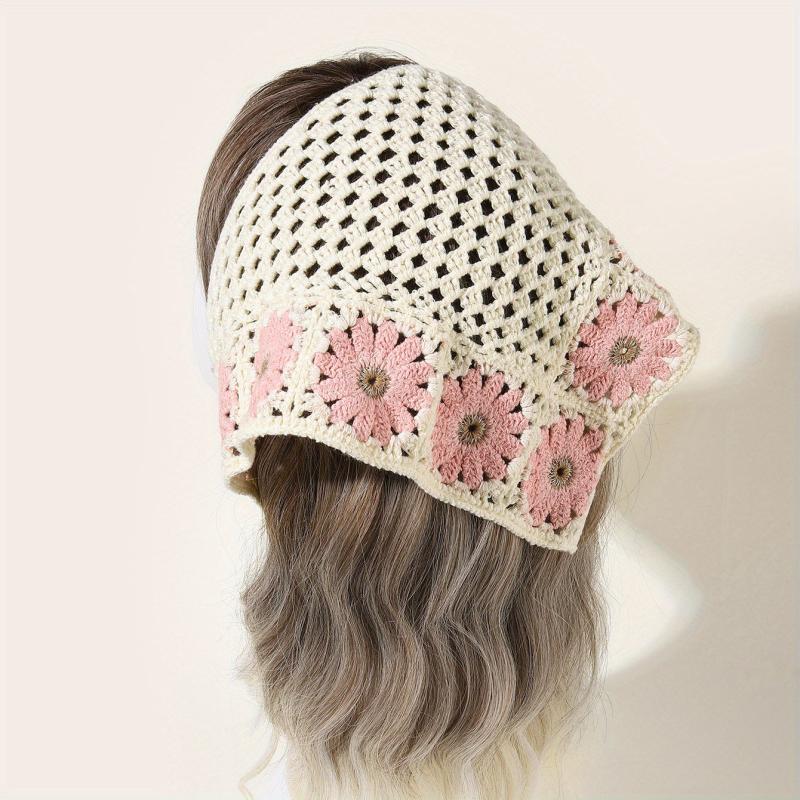 Boho Crochet Bandana Flower Pattern Headband Scarf Hair Wrap
