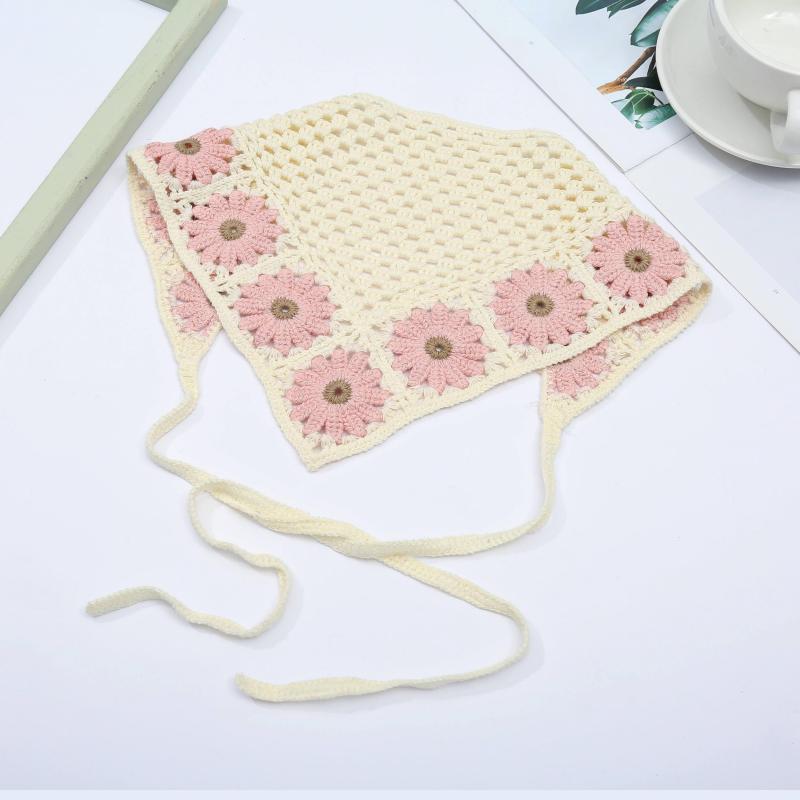 Boho Crochet Bandana Flower Pattern Headband Scarf Hair Wrap