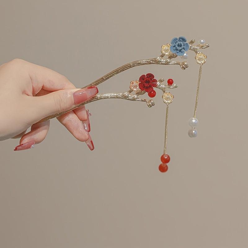 Vintage Chinese Style Plum Blossom Tassel Hair Pin Hanfu Cheongsam Accessories