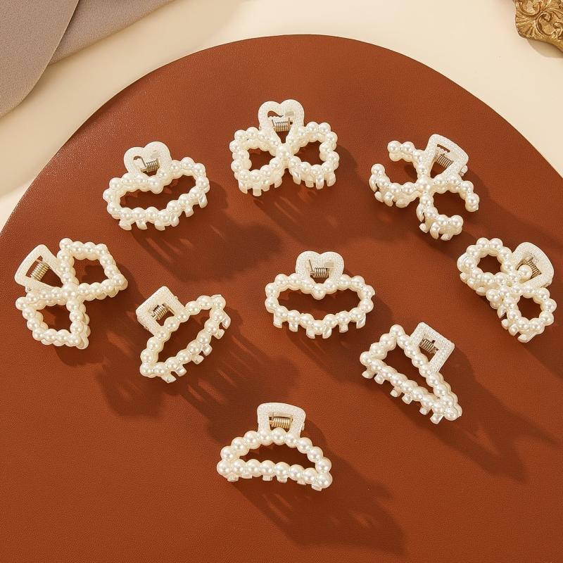 9pcs Set Small Hair Claw Bowknot Faux Pearl Clip Hair Accessories for Women