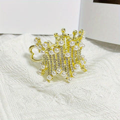 Irregular Round Hair Claw Ponytail Metal Clip Rhinestone Faux Pearl