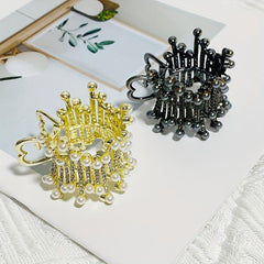 Irregular Round Hair Claw Ponytail Metal Clip Rhinestone Faux Pearl