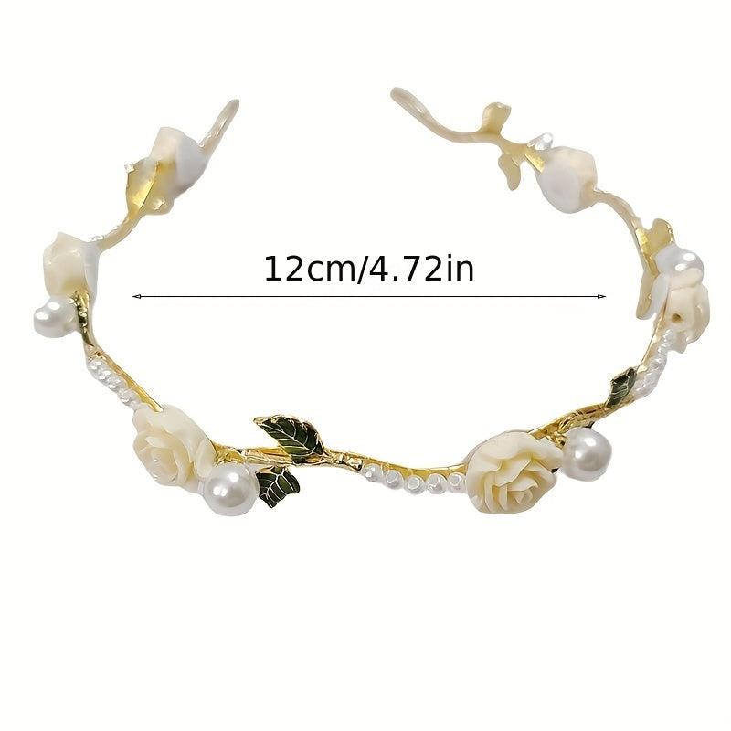 Retro Flower Faux Pearl Headband Metal Headdress Skinny Head Hoop