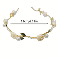 Retro Flower Faux Pearl Headband Metal Headdress Skinny Head Hoop