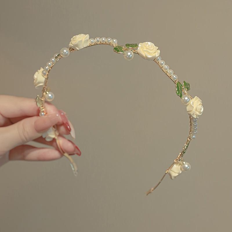 Retro Flower Faux Pearl Headband Metal Headdress Skinny Head Hoop