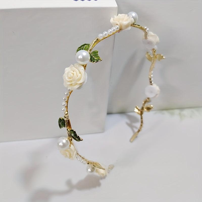 Retro Flower Faux Pearl Headband Metal Headdress Skinny Head Hoop