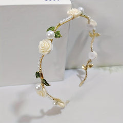 Retro Flower Faux Pearl Headband Metal Headdress Skinny Head Hoop
