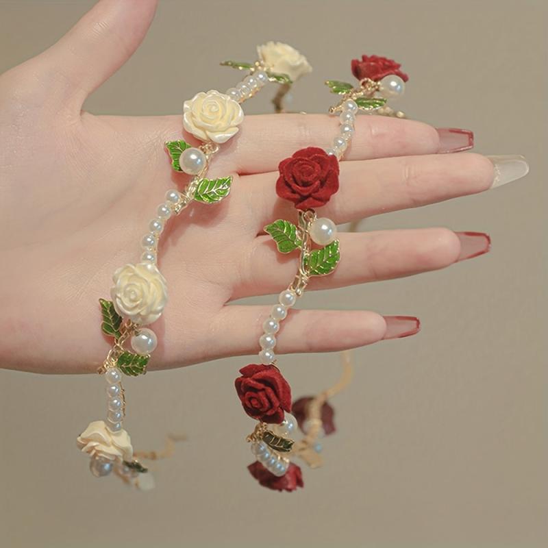 Retro Flower Faux Pearl Headband Metal Headdress Skinny Head Hoop