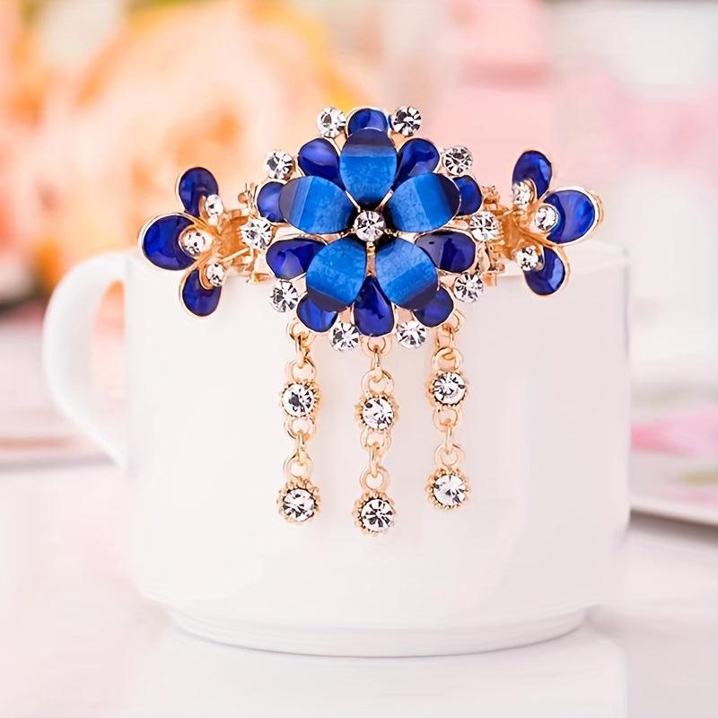 Flower Hair Clip with Rhinestone Tassel Back Head Decoration